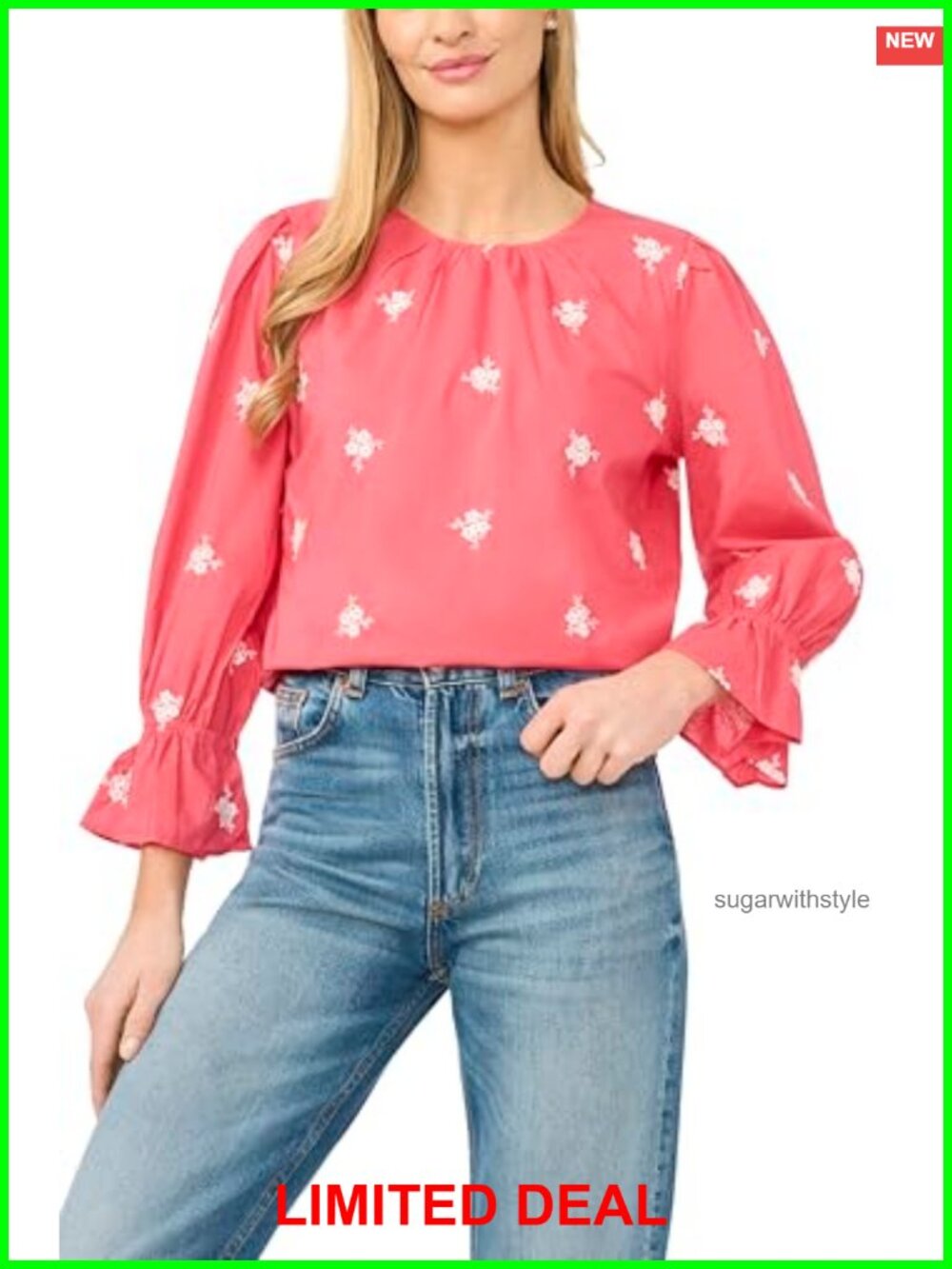 CeCe Embroidered 3/4 Sleeve Ruffle Blouse Shirred Neck Button-Down Top